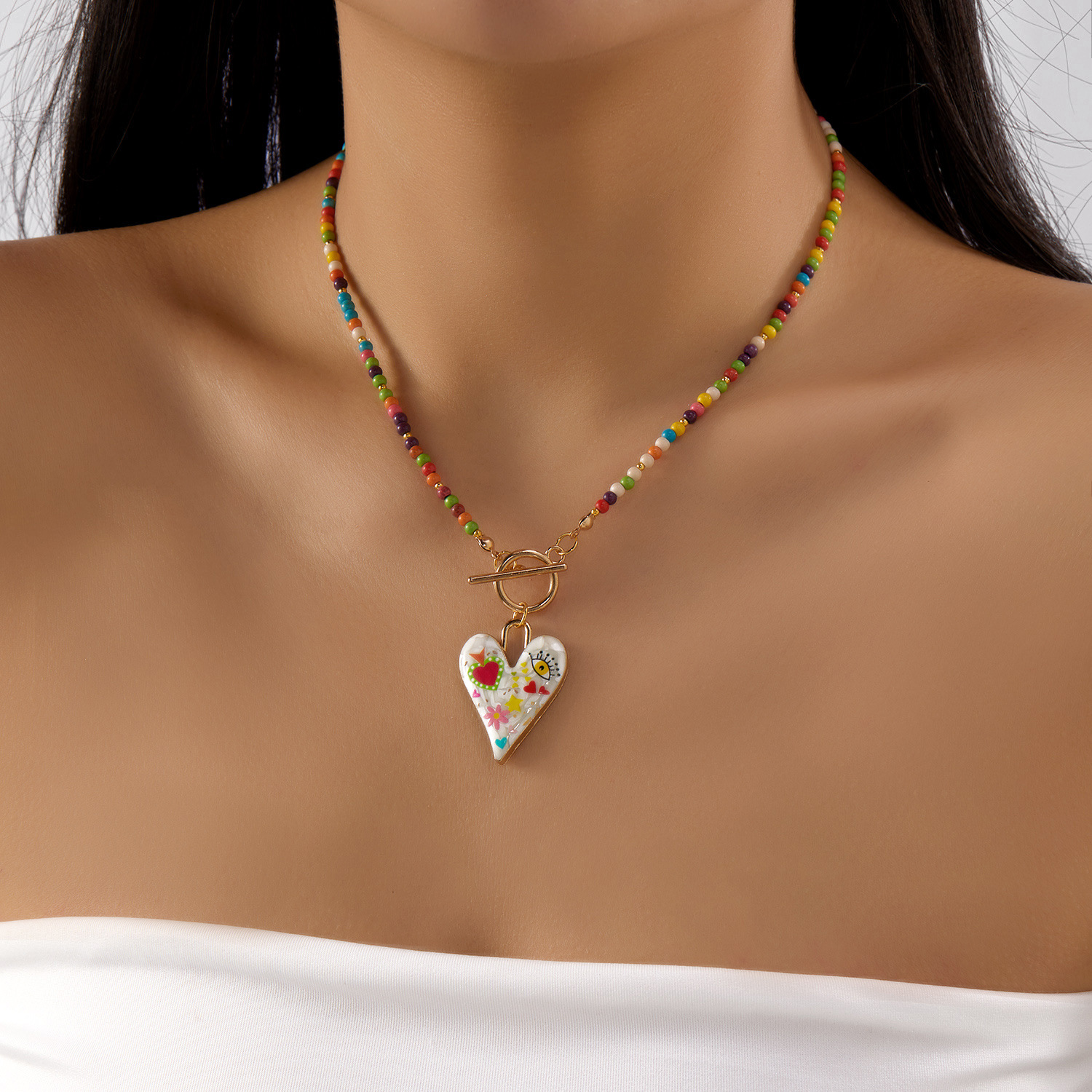 Collier transfrontalier en perles de riz pour femmes, pendentif œil de diable rond, collier tendance et polyvalent pour tous les jours (vente en gros)_voghion.com