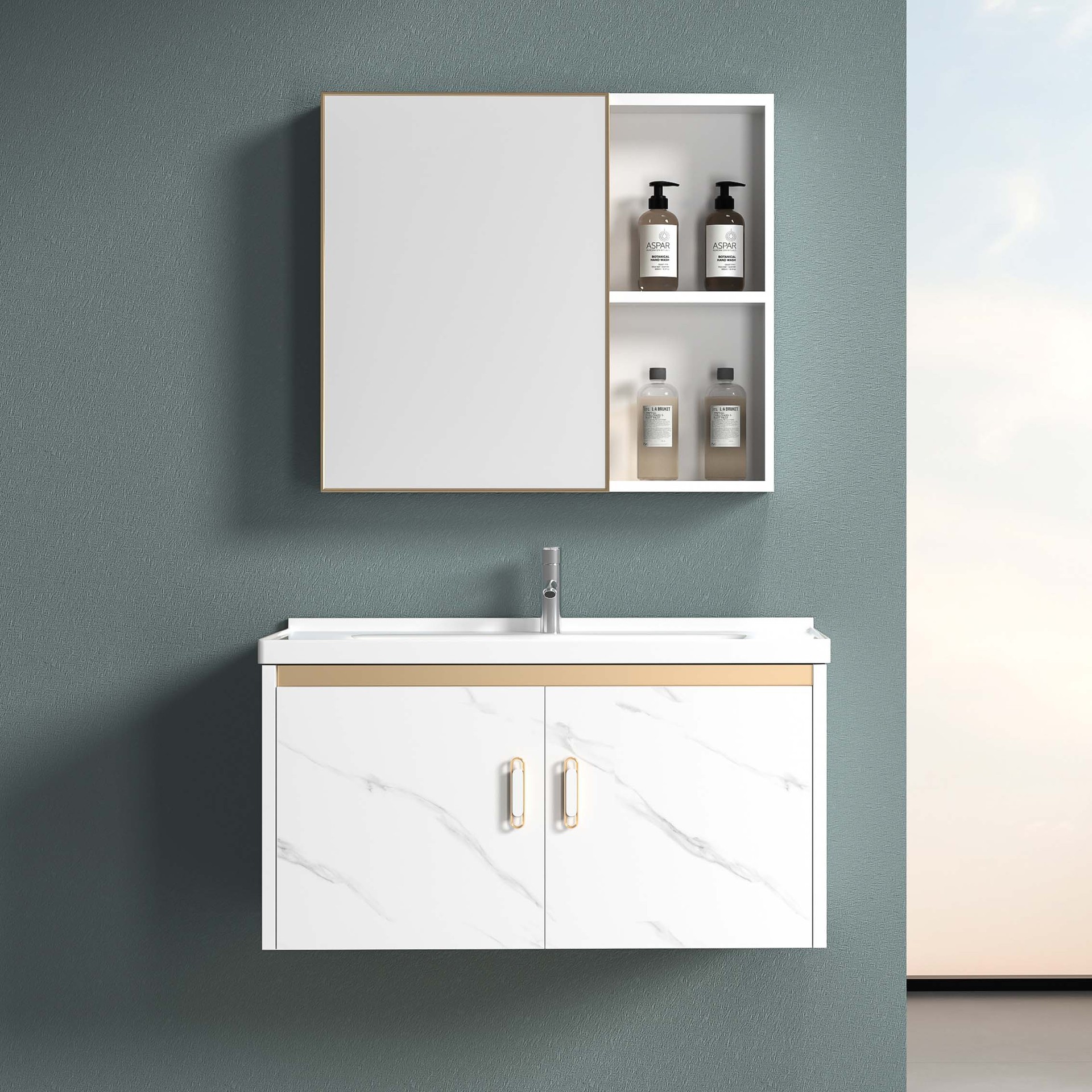 gabinete de baño de aluminio espacial de casa pequeña, lavabo de baño combinado, lavabo de cerámica, lavabo cerámico, lavabo cerámico, lavabo cerámico