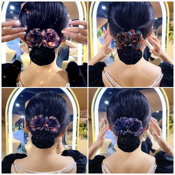 High-end temperament double flower hair net spring hairpin female back head ball head plate hairpin net pocket middle-aged head flower wholesale
