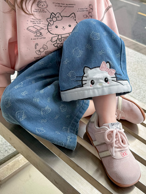 女童洋气牛仔裤春秋装2025新款儿童韩版小女孩满印可爱直筒长裤子|undefined