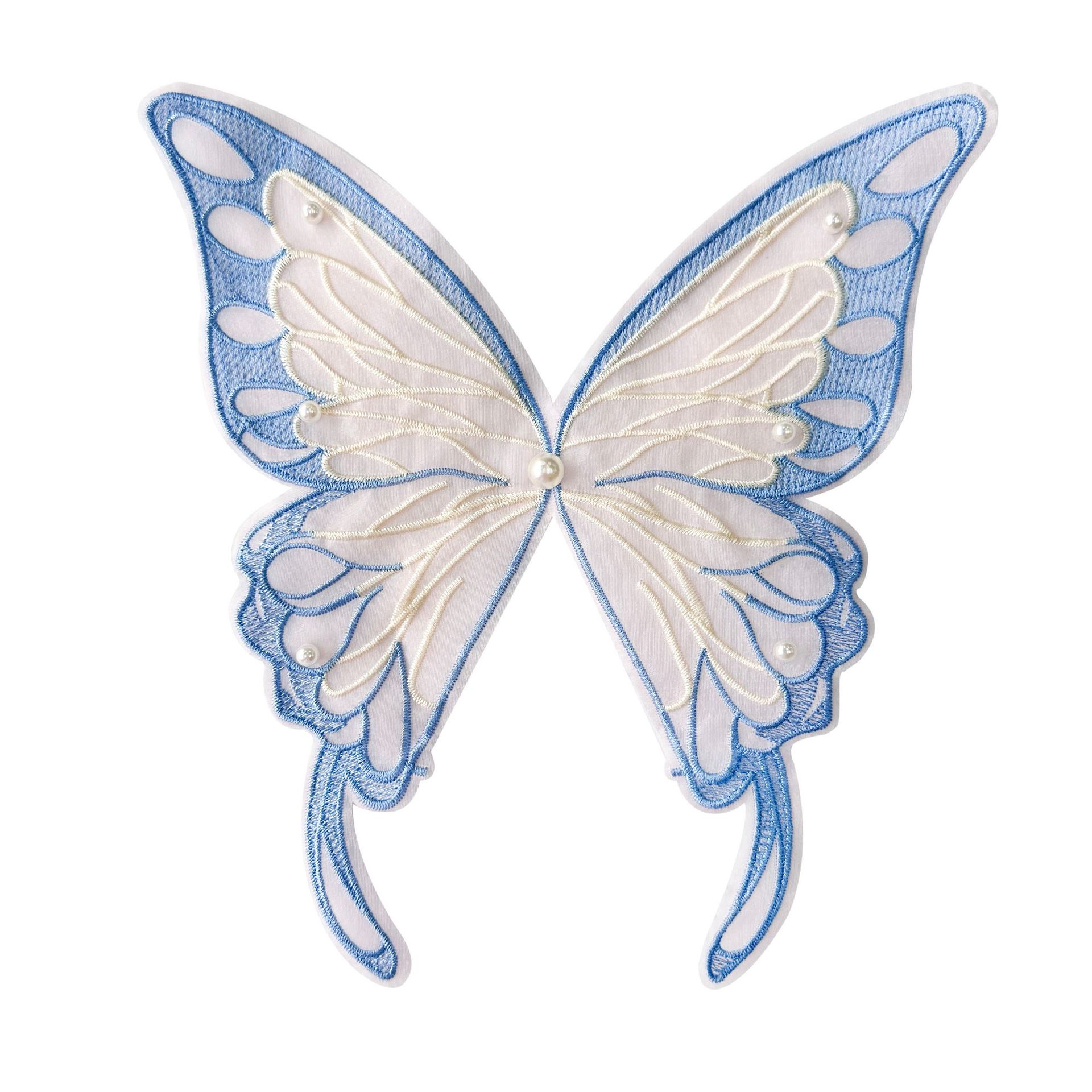 En stock, bordado de organza, colorida mariposa de perlas tridimensional, horquilla no adhesiva, accesorio para el cabello para ropa infantil, decoración de parches de tela
