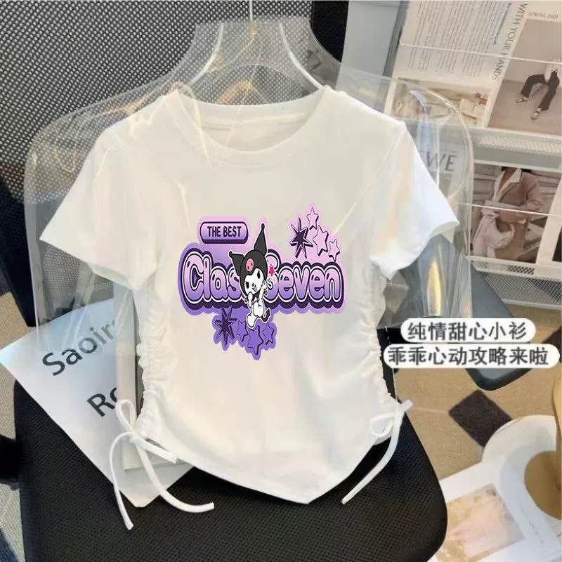 Hello kitty, шелковая летняя футболка, шнурок, с коротким рукавом, slim fit, западный стиль, для подростков