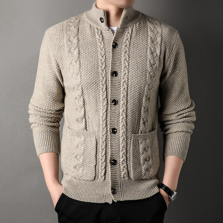 Nuevo hombre de mediana edad de tendencia de invierno y otoño camiseta de punto de color sólido Jacquard botón Cardigan chaqueta aguja gruesa suéter casual