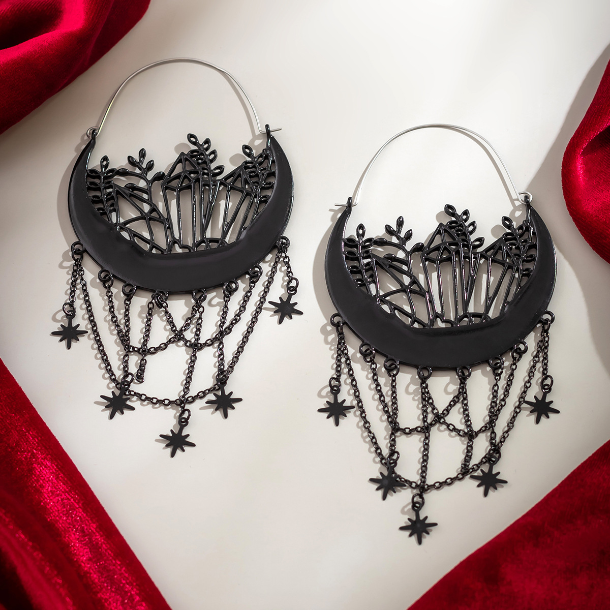 Halloween floral hollow fringed stud earrings, gothic flower basket star personalized earrings_voghion.com