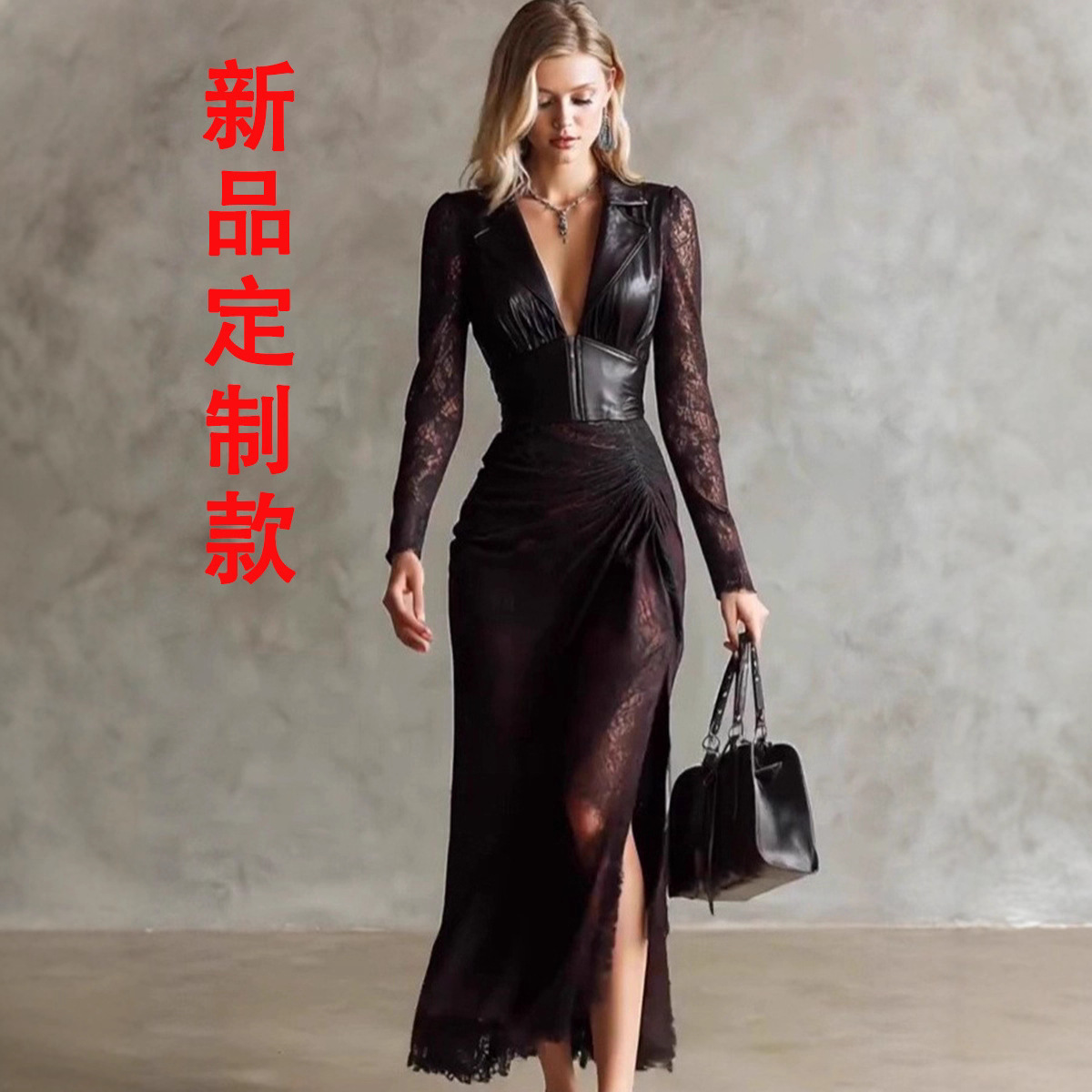 欧美跨境2025新款 时尚性感深V蕾丝PU皮革拼接收腰开衩设计连衣裙