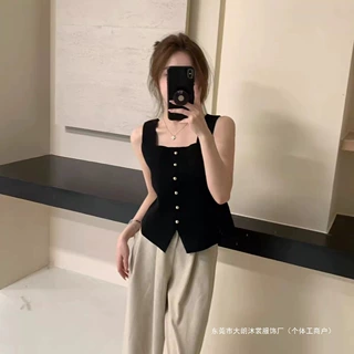 单排扣纯色针织吊带背心女夏季2025新款显瘦无袖上衣