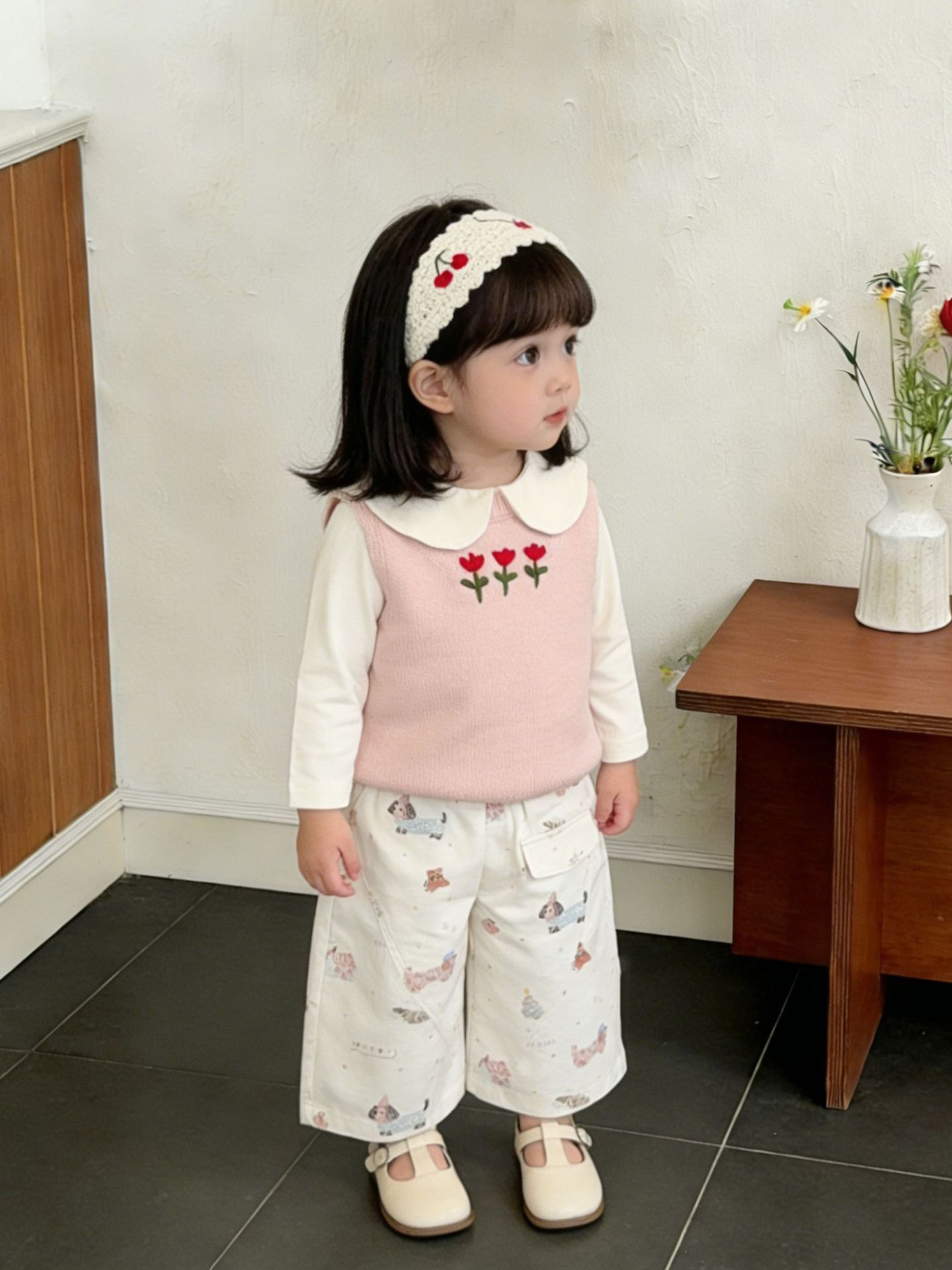 Niñas primavera extranjera chaleco de punto 2026 nuevo otoño bebé coreano plegado chaleco de moda camisa de hombro