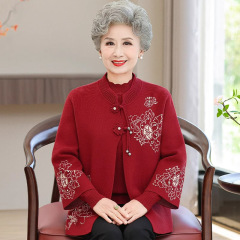 新しい高齢者の秋の服の女性のおばあさんのニットのセーターのコートのお母さんの秋冬の祝い事の2つのセットの結婚式の服