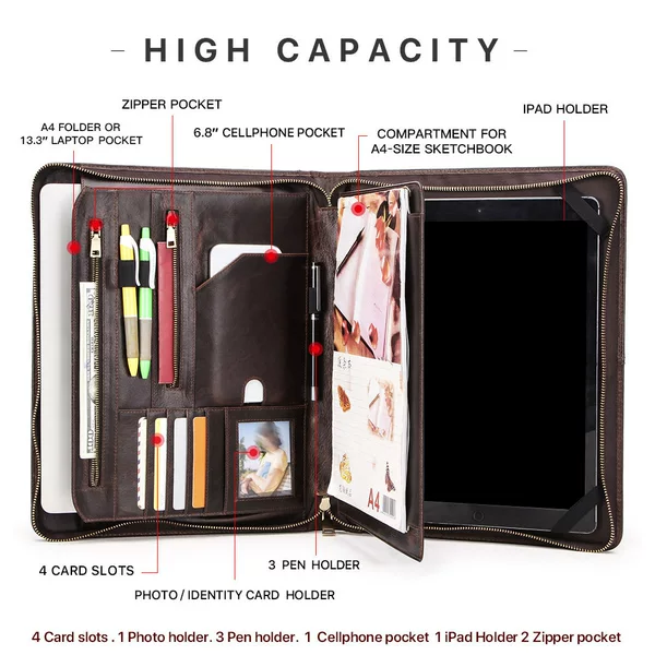 First-layer cowhide multi-functional zipper laptop case, large-capacity tote bag, and iPad tablet protective case