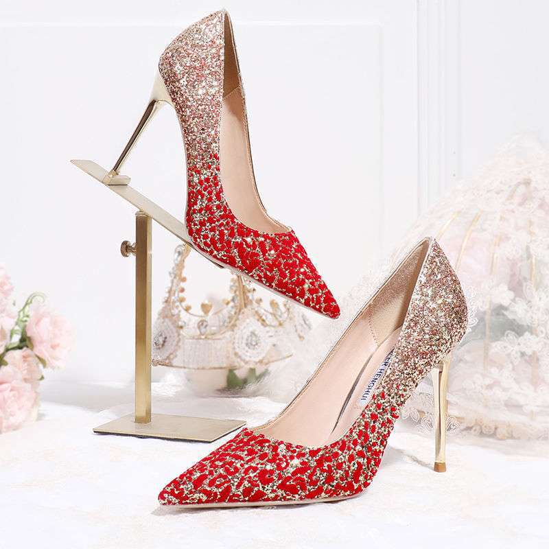 Wedding Shoes Women's 2025 New Arrival Sequin High Heels Pointed Stiletto with Gold Crystal Shoes Dress Red Bridesmaid Shoes