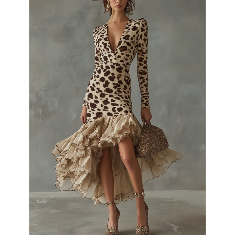 2025 New European and American Style Long-Sleeved V-Neck Digital Printed Stone Pattern Patchwork Mesh Dress