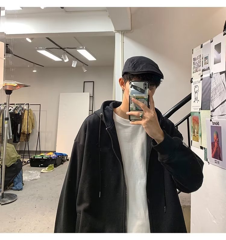 Suéter con capucha para hombre primavera y otoño marca de moda chaqueta de punto de color sólido suelto gris todo fósforo deporte cremallera ropa superior casual