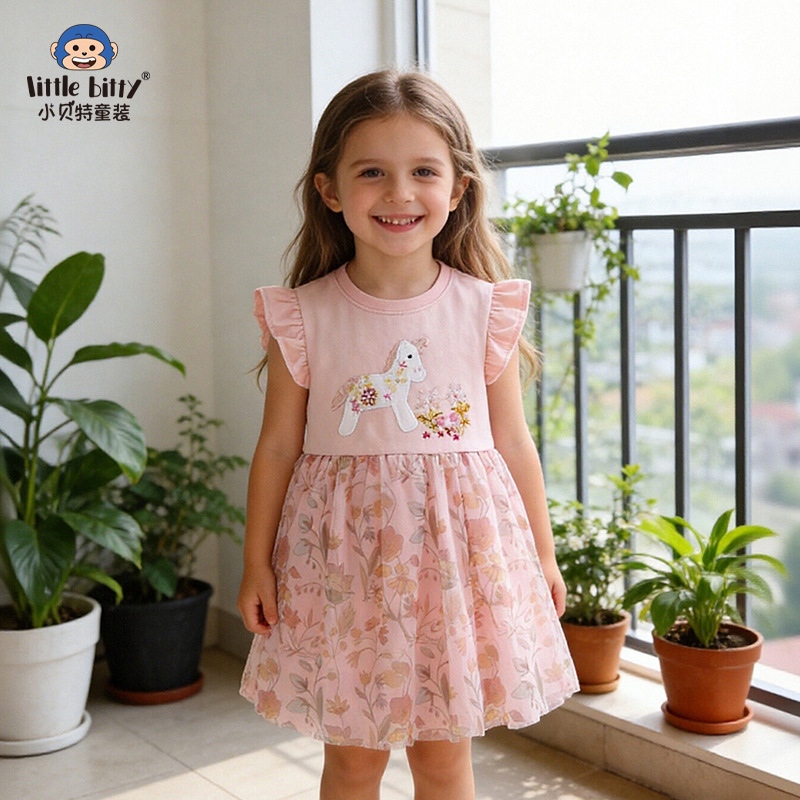 26 New Spring and Summer Children's Dresses with Ruffle Sleeves and Mesh, Sweet and Cute Unicorn Embroidered Princess Dresses in Stock