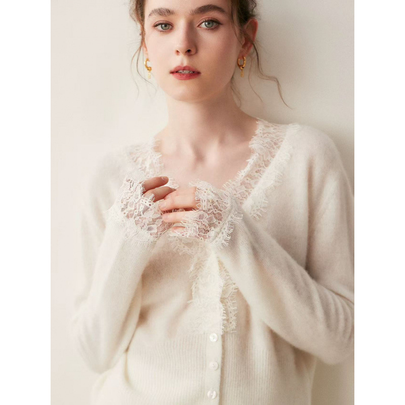 Misty Haze Water-Soluble Lace Trim Cashmere Cardigan for Women, Skin-Friendly Cashmere Loose-Fitting Plus-Size Knit Base Shirt