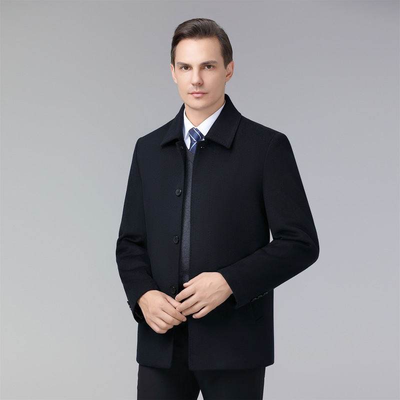 Men's Double-Sided Wool Jacket Business Casual White Duck down Lining Warm Lapel Executive Wool Coat