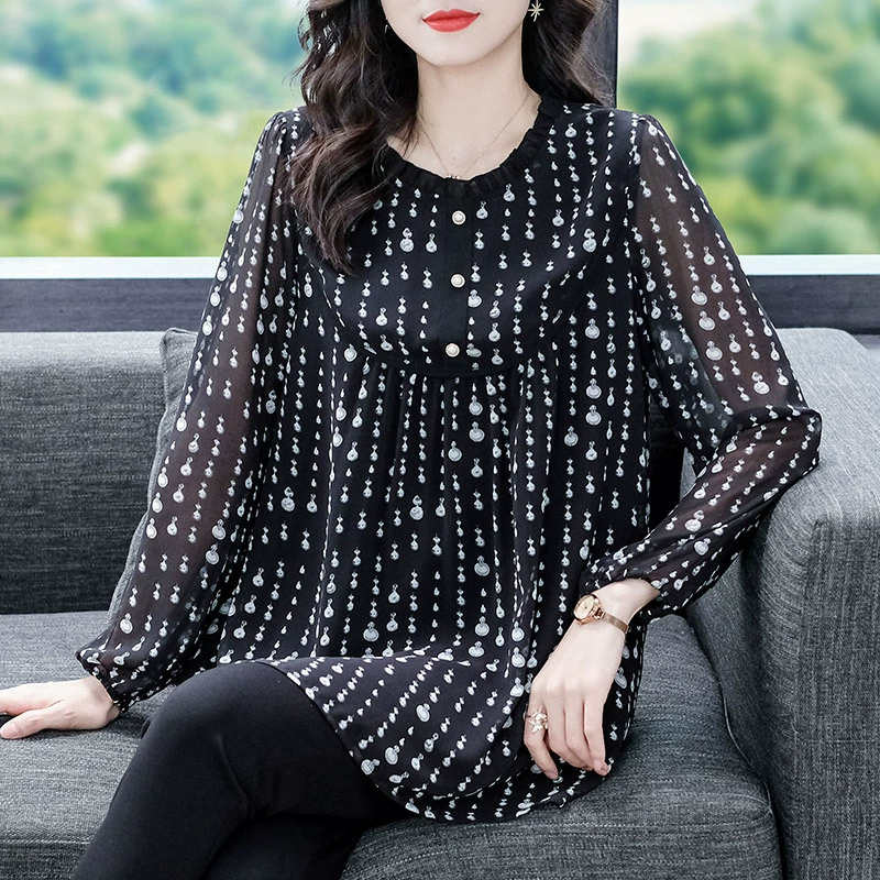 Плюс размер 240 кг, уменьшающий возраст, тонкий цветочный стройнящий шифоновый топ с длинным рукавом, Свободная Женская одежда MM