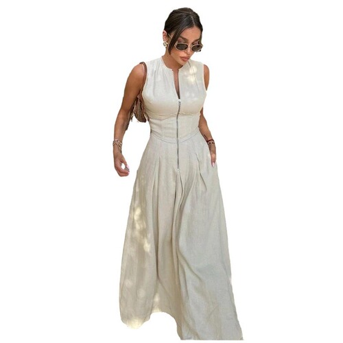 Elegant High-Waisted Solid Color Sleeveless Zipper Dress for Fashion, Fitted Work and Commuting