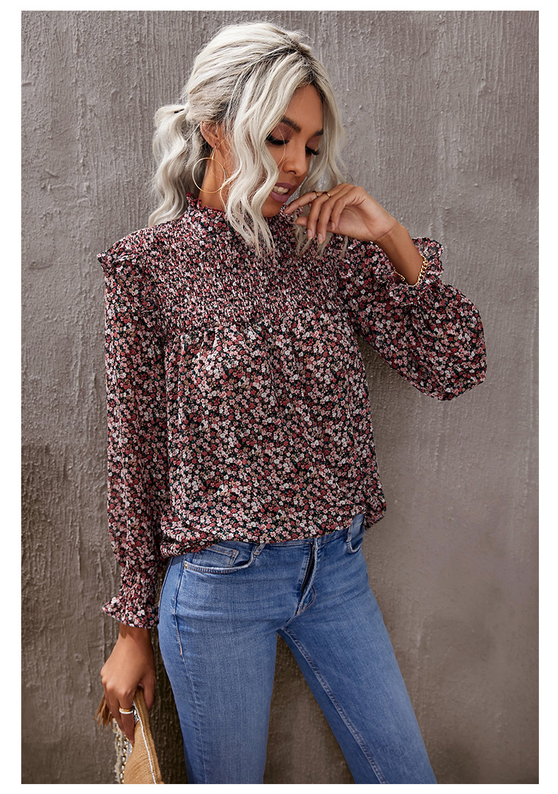 women s ruffled high collar lantern sleeve floral chiffon shirt nihaostyles clothing wholesale NSSI79559