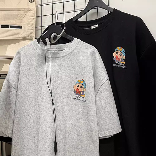 Crayon Shin-chan Printed Short Sleeve T-shirt for Men - Summer Loose Fit Cotton Heavyweight Top - Trendy Streetwear Casual Seven-Sleeve