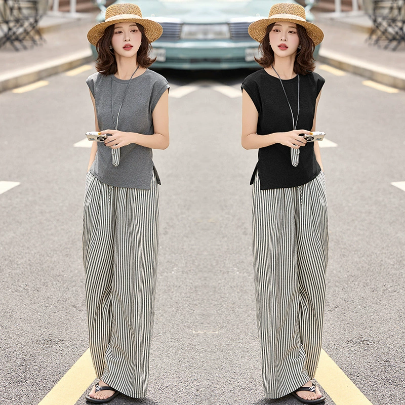 2025 новая летняя одежда, простой и модный круглый вырез, стройная талия и элегантный комплект из двух предметов