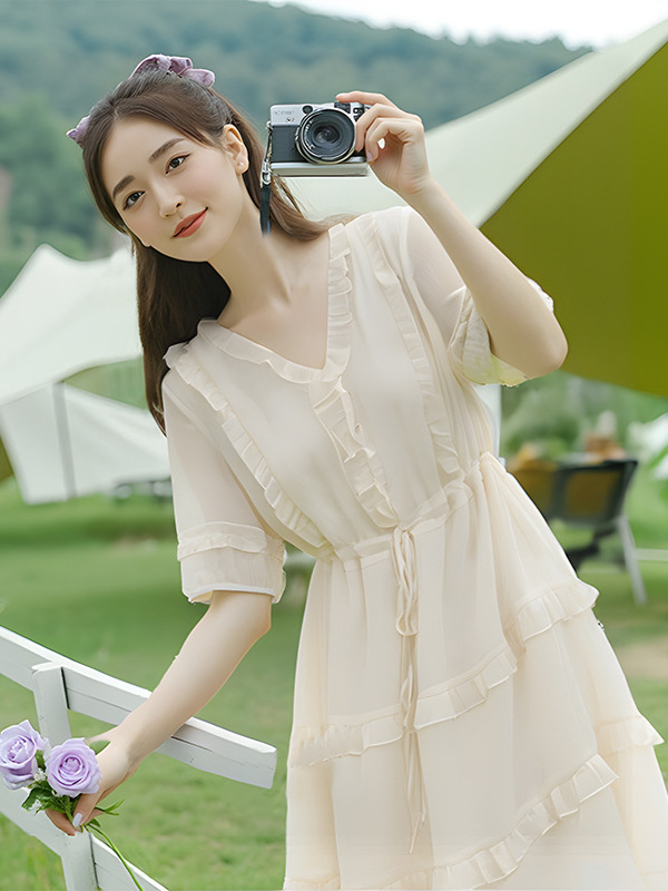 60-150kg Plus Size French Dress 2025 Summer New V Neck Fungus Mid-Length Sweet Nightgown 60-150kg Plus Size French Dress 2025 Summer New V Neck Fungus Mid-Length Sweet Nightgown