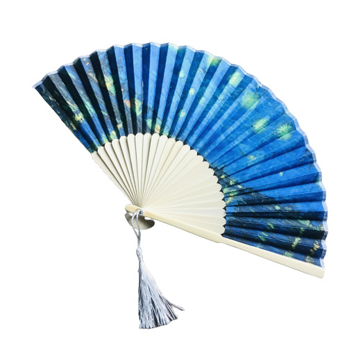 En stock dos verde stock plana Europea famosa pintura cielo estrellado de las mujeres ventilador seda 21cm hueso recto