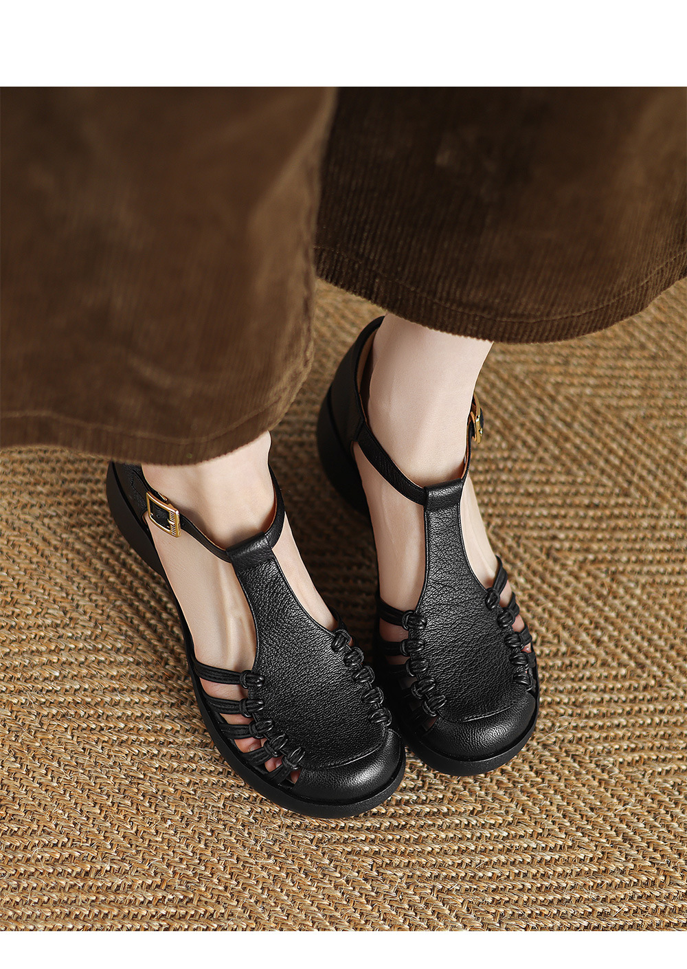 Sandal nữ da cừu mũi bao đế dày quai ngang một chữ kiểu La Mã — đen chi tiết 2