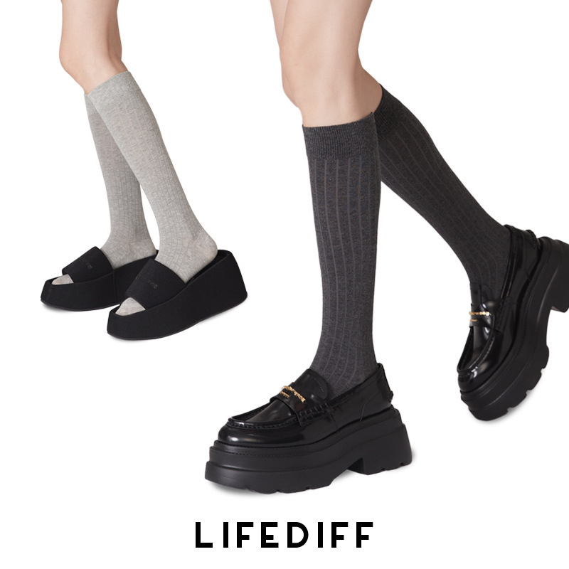Dark Gray Pressure Slimming Look Calf Socks Design Women's High Stovepipe JK Socks Cotton with Small Leather Shoes 23250 Dark Gray Pressure Slimming Look Calf Socks Design Women's High Stovepipe JK Socks Cotton with Small Leather Shoes 23250