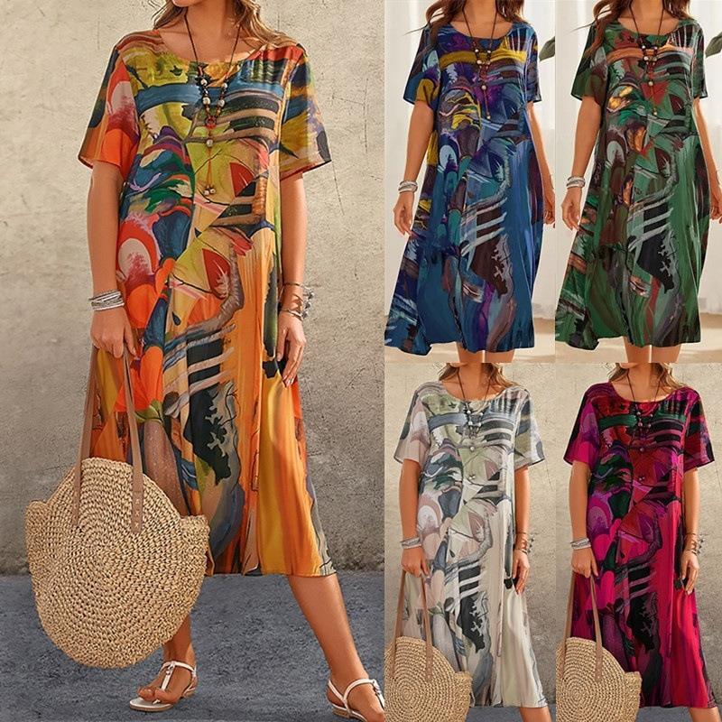 2023 European and American Cross-border Fashion Casual Printed Dress Summer Short-sleeved Waist Crewneck Loose Beach Long Dress