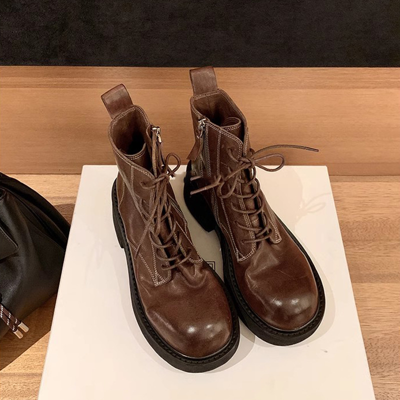 Botas de Motociclista de Tacón Grueso con Cordones de Cuero Lavado Retro de Otoño, Botas Cortas de Exterior para Mujer, Botas Estilo Martin
