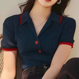 25夏复古港风chic撞色翻领修身针织衫女设计感小众藏蓝色绝美上衣