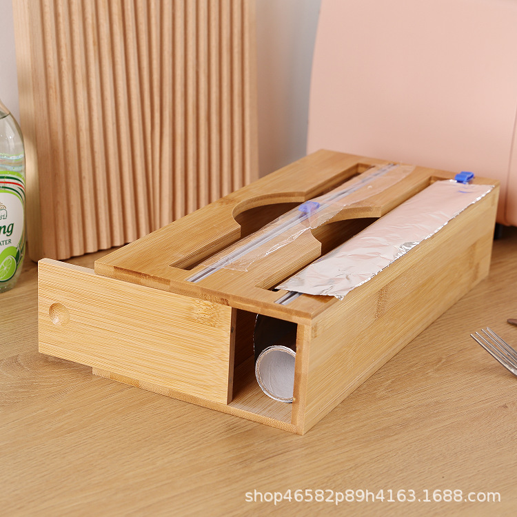 Envoltura de plástico de bambú caja de almacenamiento caja de corte de papel de aluminio caja de cortador de papel de cocina cajón de escritorio caja de almacenamiento de pared