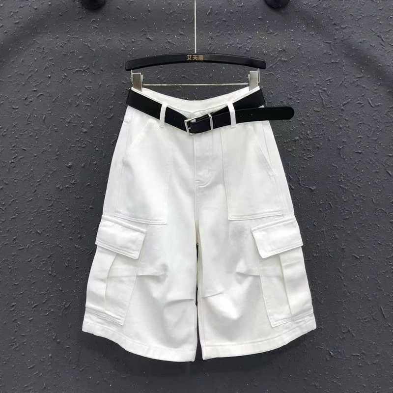 White Straight High-Waisted Workwear Denim Shorts for Women, Summer New Style, Multi-Pocket, Wide-Leg, Loose Casual Mid-Length Shorts