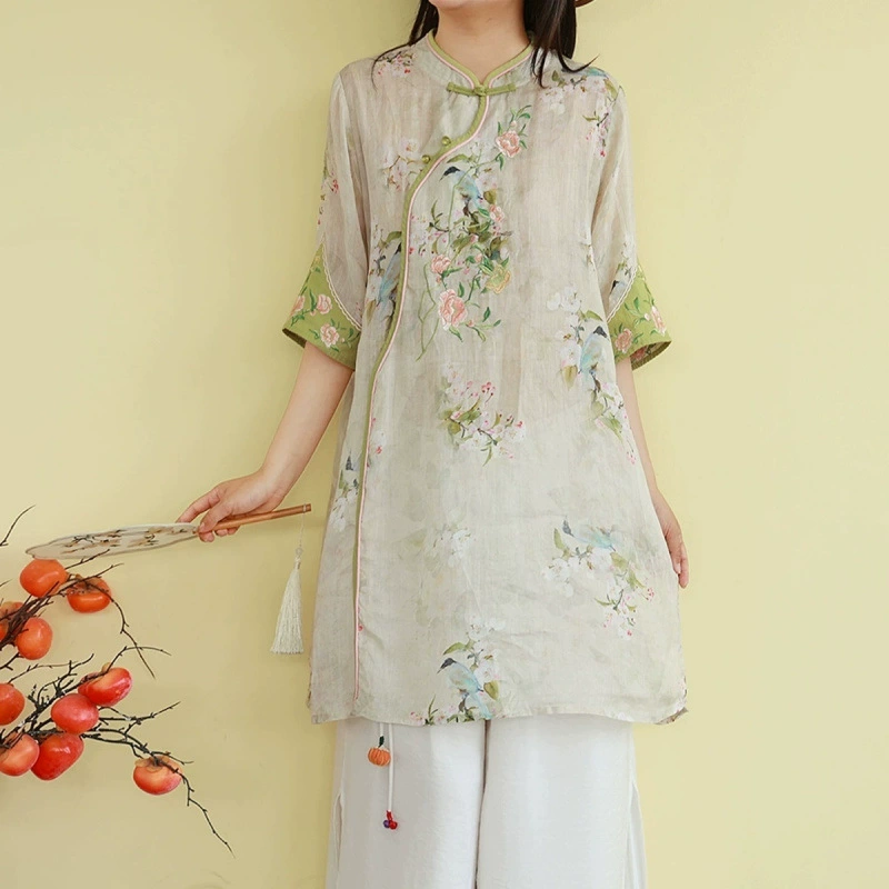 Ретро китайская рубашка с воротником стойкой и вышивкой из рами для женщин, лето 2025, новый стиль, китайский стиль, топ средней длины с принтом, чайный костюм