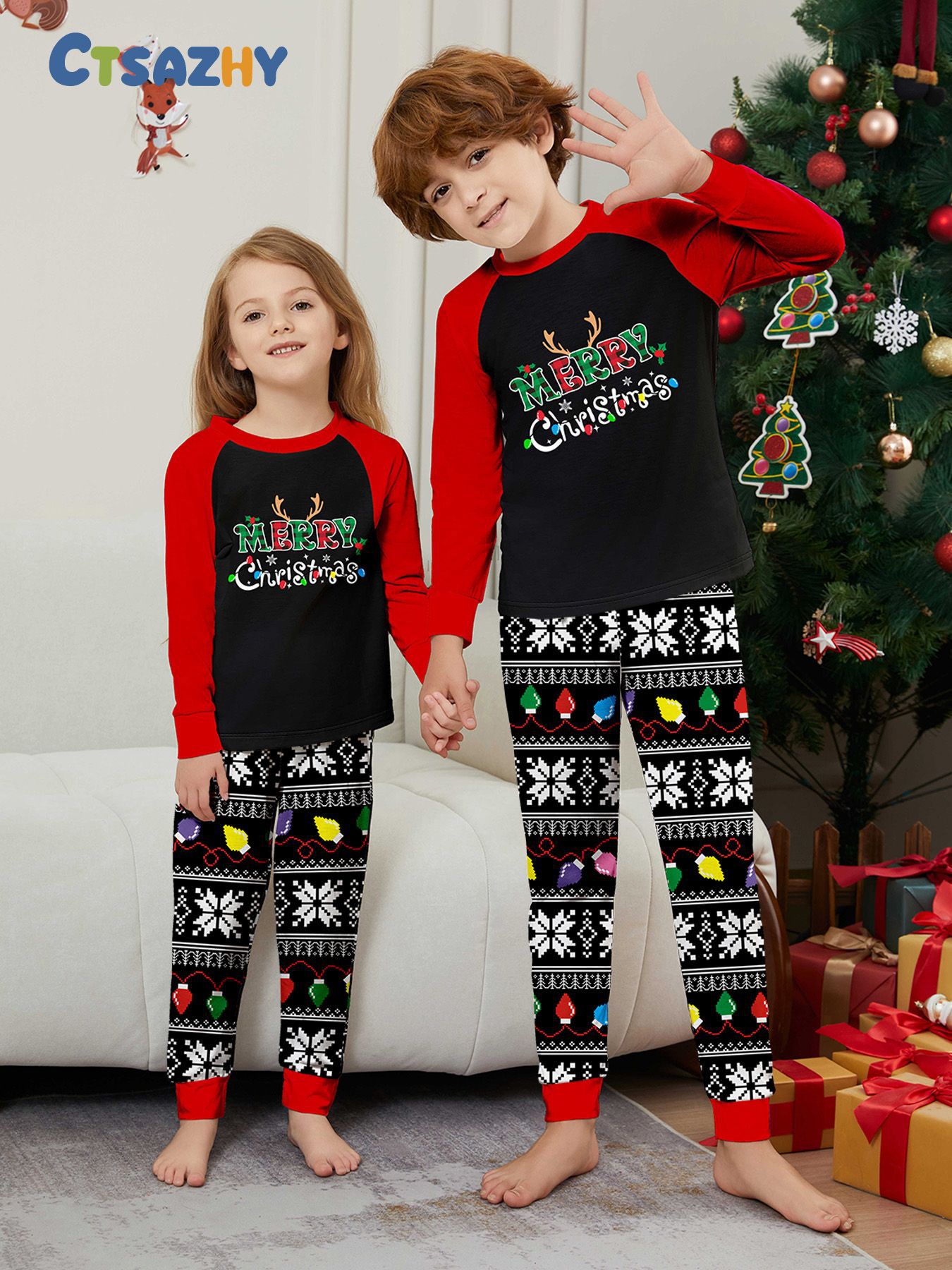 Pyjama imprimé pour la maison avec lettres de Noël et rayures en flocons de neige_voghion.com