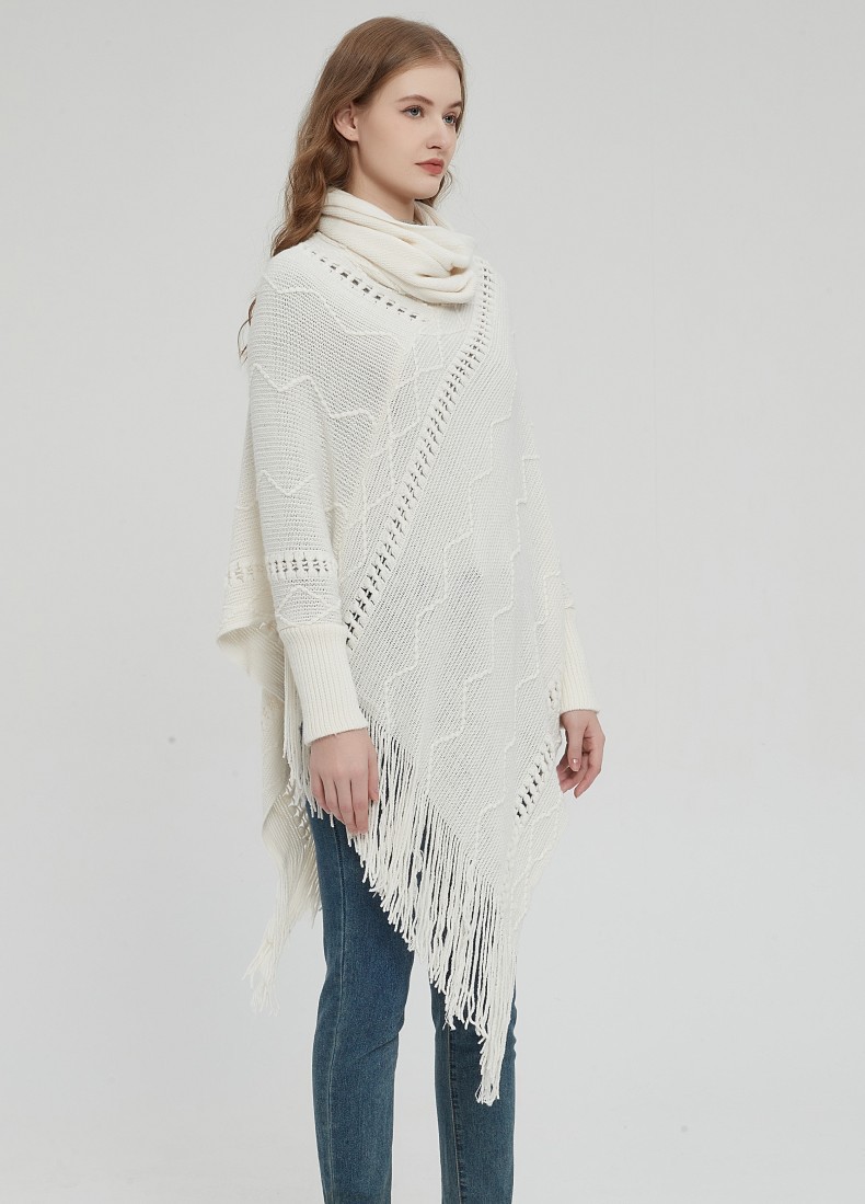 Unisex Coat beige white hollow collar long sleeves tassel cape cape_voghion.com