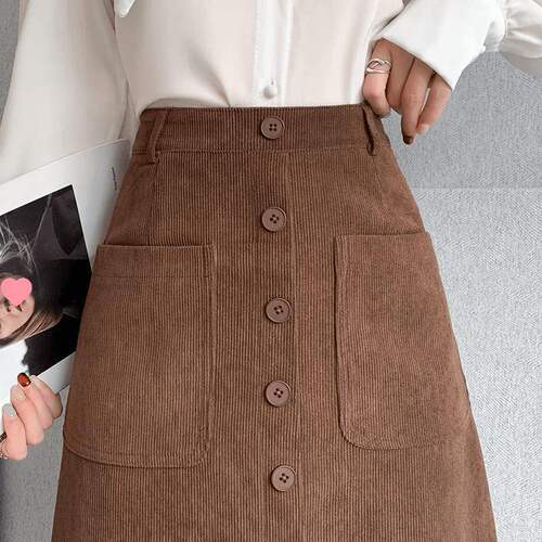 Corduroy half skirt for women in spring and autumn and winter new high-waisted long skirt a-line skirt