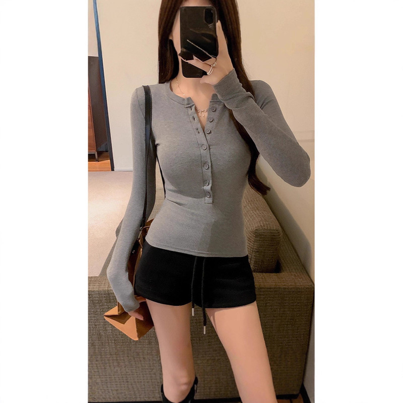 American Half-Open Collar Buttoned Right Shoulder Long-Sleeved T-Shirt for Women Autum 2025 New Pure Lust Sexy Slim Slimming Look Top