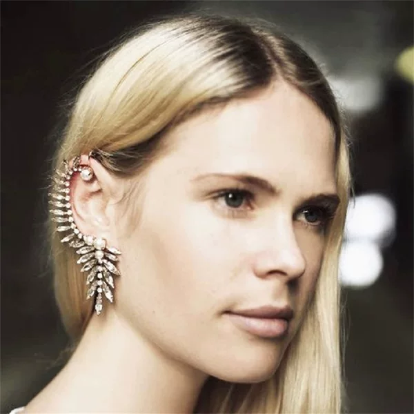 Personalized European and American Amazon Fashion Luxury Alloy Earrings Pearl Rhinestone Crystal Ear Clip Leaf Ear Clip Large Earrings
