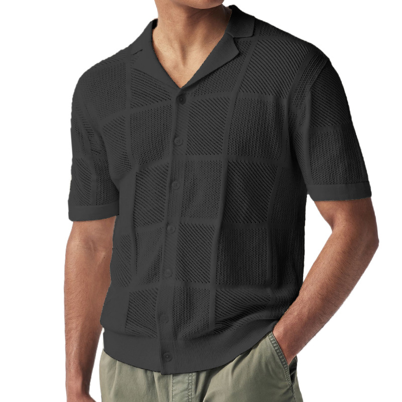 2025 Sommer Neue Strickjacke Dünne Hohl Polo Kragen Kurzarm Top Herrenbekleidung_voghion.com