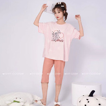 松雨发提花爽棉短袖中裤双短2025新款家居服纯棉女款圆领睡衣分销