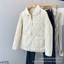 春秋新款翻领复古轻薄洋气棉衣时尚棉袄菱格保暖短款妈妈棉服外套