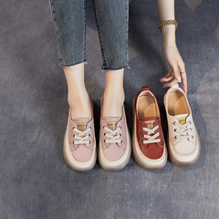 Spring 2023 New First-Class Calfskin Light Mouth Women's Genuine Red Casual Platform Shoes Rubber Thick Sole Retro Shoes