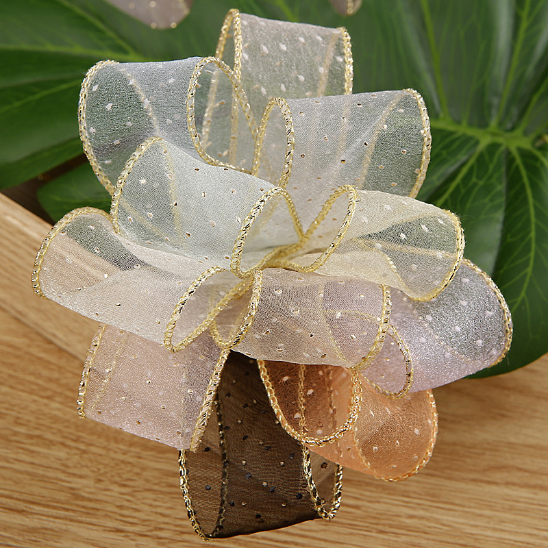 Bubble Bake Edge Fabric Ribbon with Butterfly Knot DIY Hair Accessory Ribbon Shoes Flower Fresh Flowers Decoration Gold Edge Print Dot Snow Silk Ribbon
