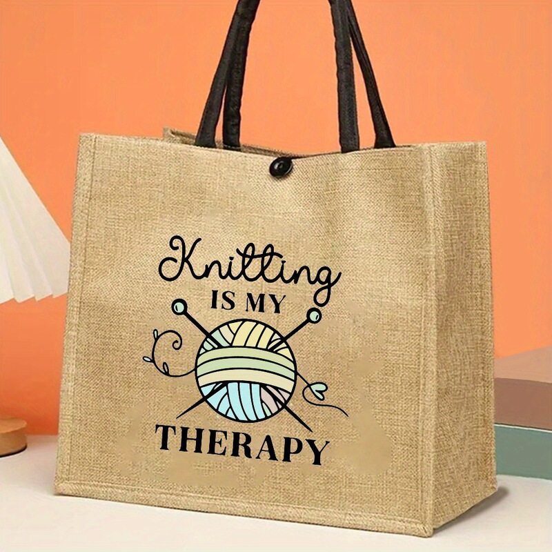 Large Capacity "Woven Is Mine" Jute Tote Bag Durable Funny Crochet Quote and Yarn Design