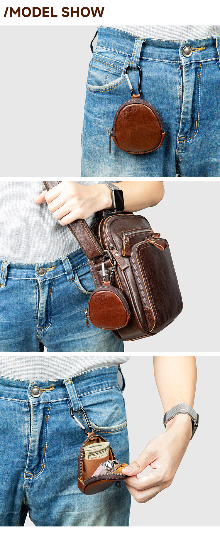 Ví tiền xu mini da bò Retro đa năng khóa kéo nhỏ gọn — Màu đen, nâu, Màu xanh lá, Đỏ hoa hồng chi tiết 4