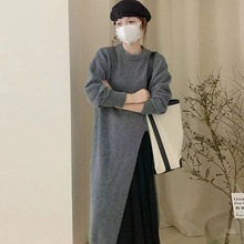 毛衣女2024年新款秋冬爆款宽松慵懒套头侧开叉过膝长款针织毛衣裙