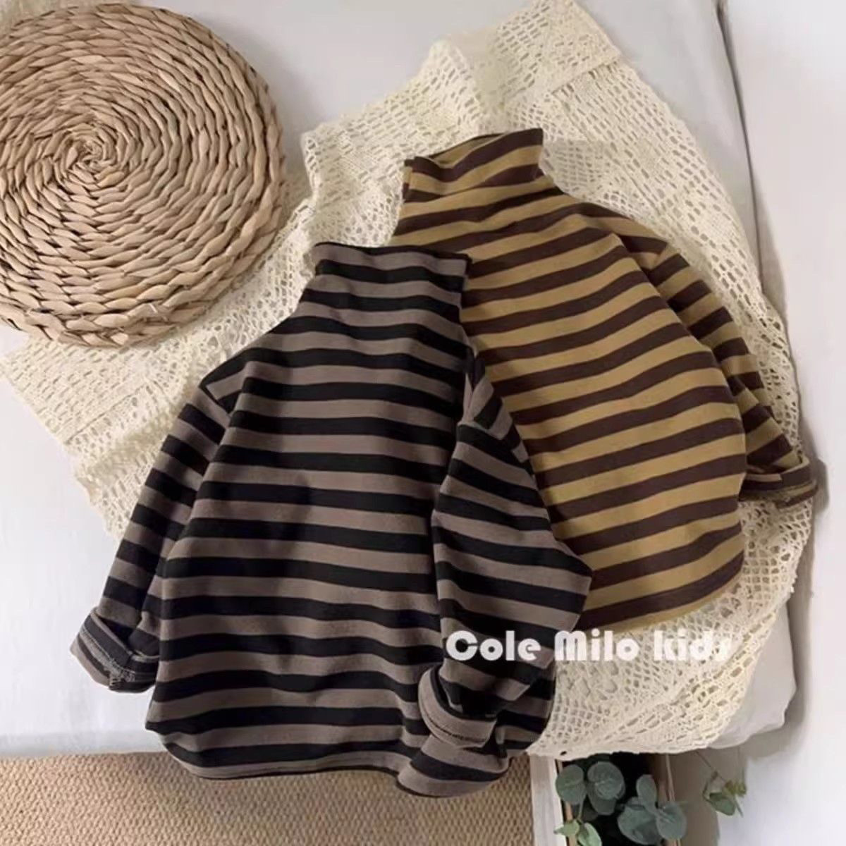 Cross-border unisex children's high-neck German fleece T-shirt base layer 2026 new autumn and winter baby retro forest style striped