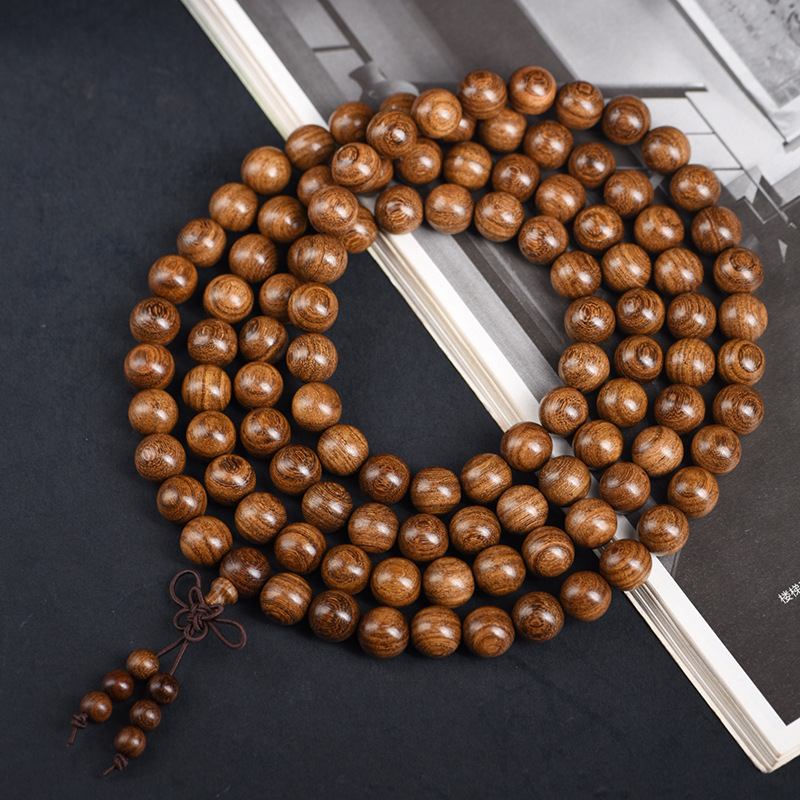 Golden Sandalwood 108 Beads Bracelet Rosary Buddhist Beads Bracelet Smooth Grain Fine Craftsmanship Water-Soluble Wood Beads Handheld Rosary