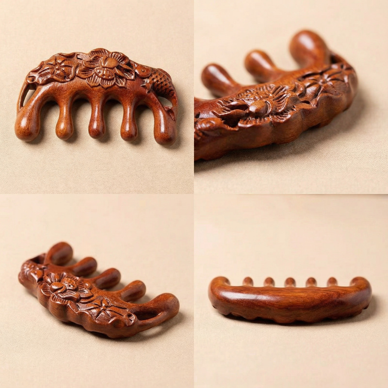 Sandalwood Scalp Massage Comb Half Round Five Teeth Gua Sha Head Neck Meridian Comb Gift preparation